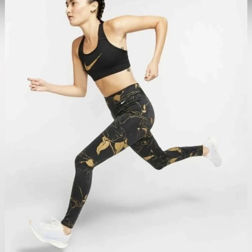 Nike Womens Leggings Black Gold Metallic Floral Mid Rise Running Size L EUC